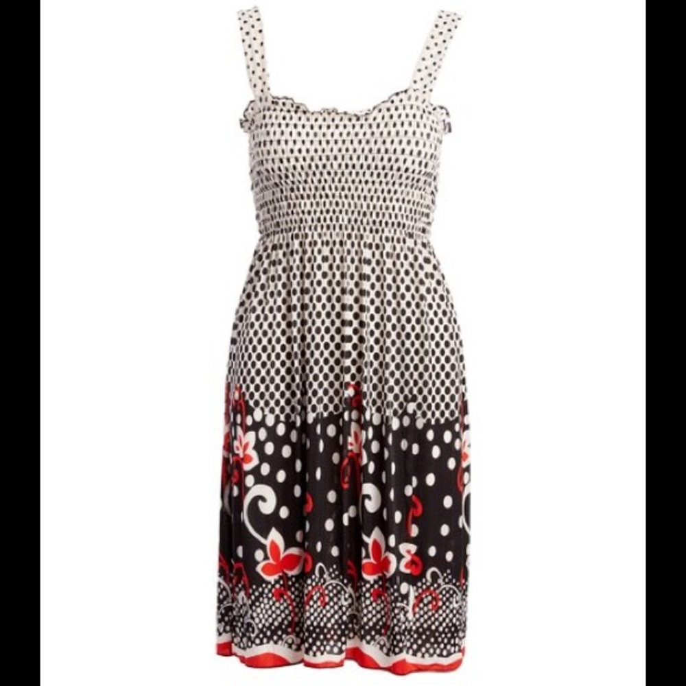 Black & white red shirred top a-line dress